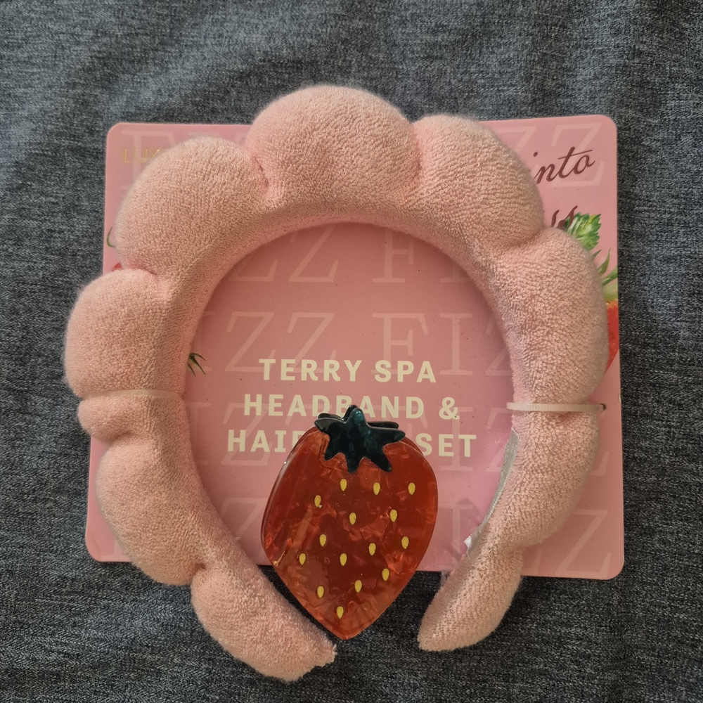 Charming Pink Terry Headband & Strawberry Hair Clip Set - NWOT